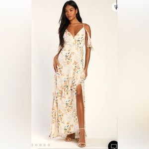 Shadow Blooms Cream Floral Print Ruffled Maxi Dress